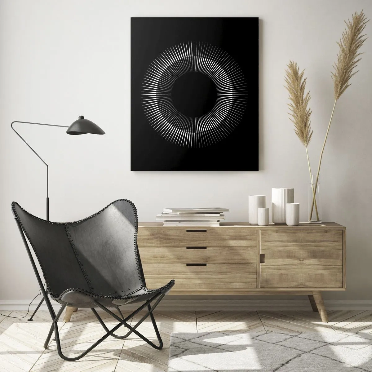 Quadro su vetro - Raggi bianchi che formano un cerchio su uno sfondo nero - 50x70cm - Sole nero - Decorazione murale moderna per soggiorno e camera da letto ARTTOR