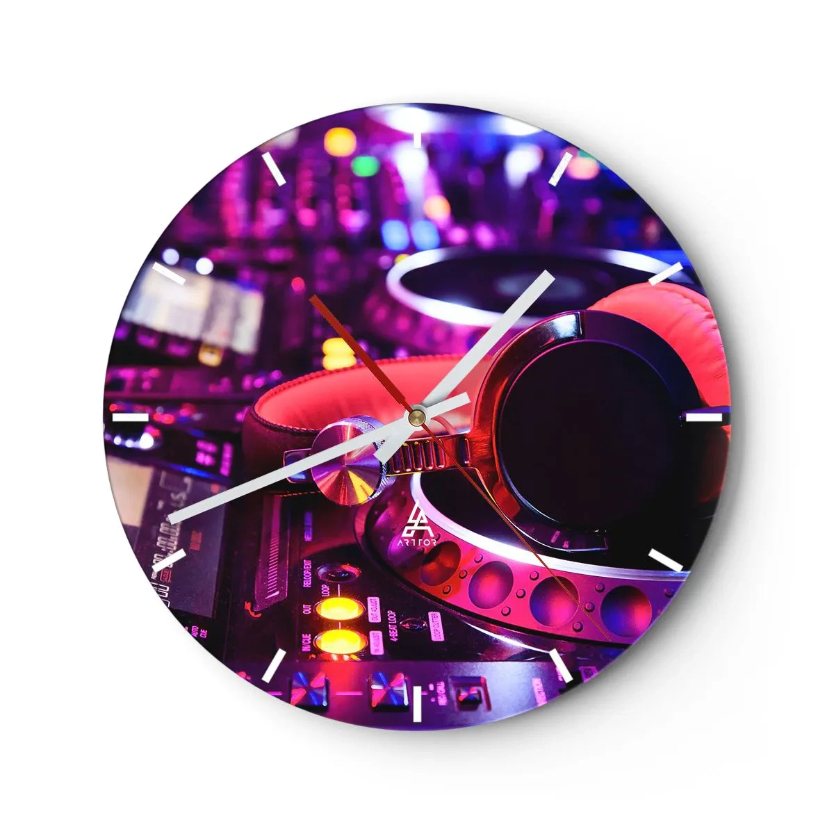 Orologio da parete - Orologio in Vetro - Cuffie da DJ su una console con illuminazione al neon - 30x30cm - Prima che inizi la festa - Decorazione murale moderna per soggiorno, cucina e camera da letto ARTTOR
