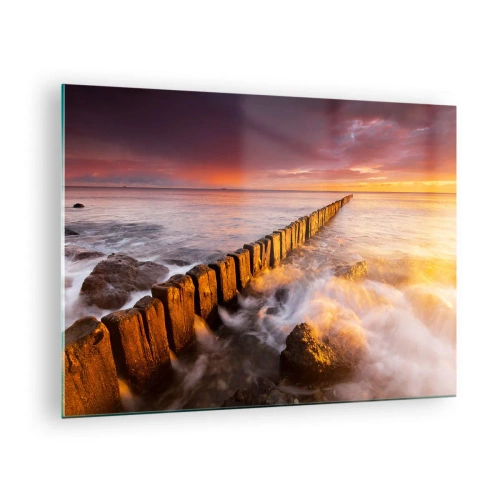 Quadro su vetro - Tramonto sul mare con frangiflutti in legno - 70x50cm - La mitezza delle onde - Decorazione murale moderna per soggiorno e camera da letto ARTTOR