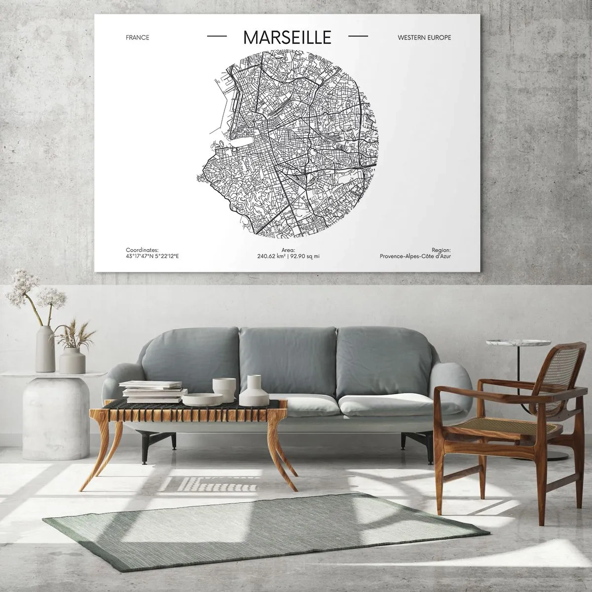 Quadro su vetro - Mappa in bianco e nero della città di Marsiglia in stile moderno - 70x50cm - Anatomia di Marsiglia - Decorazione murale moderna per soggiorno e camera da letto ARTTOR