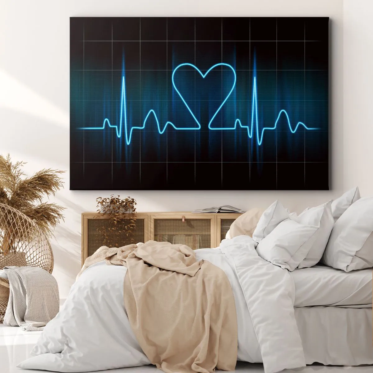 Quadro su tela - Stampe su Tela - Un'ancora di salvezza con un cuore su uno sfondo di monitoraggio medico nei toni del blu. - 120x80cm - Al ritmo del cuore - Decorazione murale moderna per soggiorno e camera da letto ARTTOR