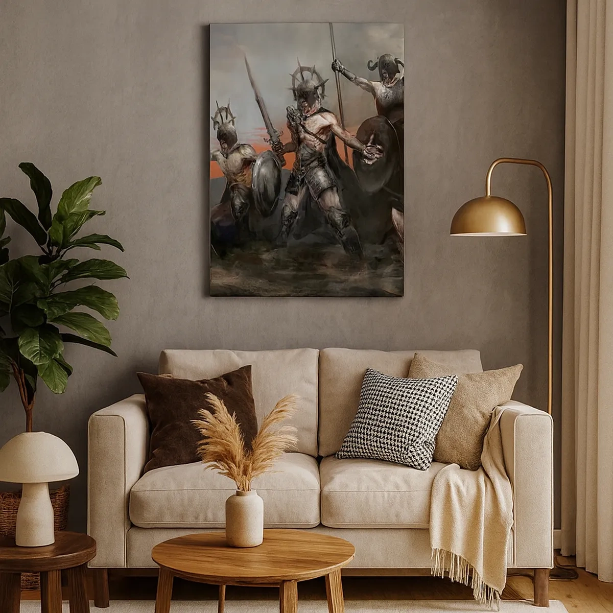 Quadro su tela - Stampe su Tela - Un gruppo di guerrieri in armatura con lance sullo sfondo del tramonto - 50x70cm - Con lo scudo o sullo scudo - Decorazione murale moderna per soggiorno e camera da letto ARTTOR