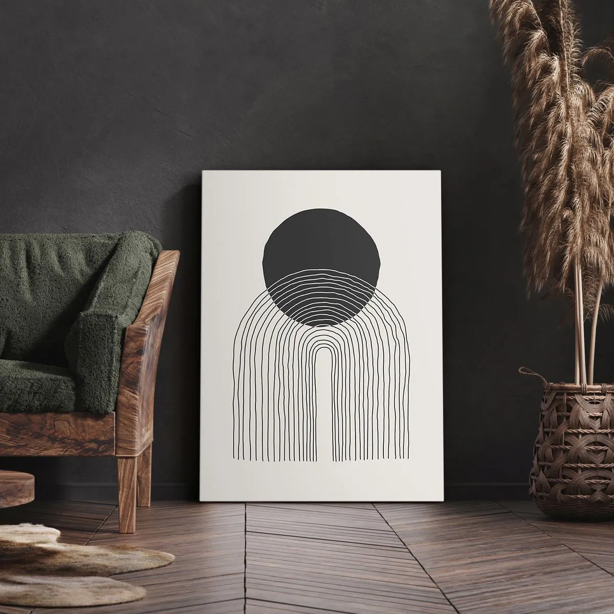 Quadro su tela - Stampe su Tela - Motivo astratto con linee e un cerchio nero su uno sfondo chiaro - 50x70cm - Tremore e fiducia - Decorazione murale moderna per soggiorno e camera da letto ARTTOR