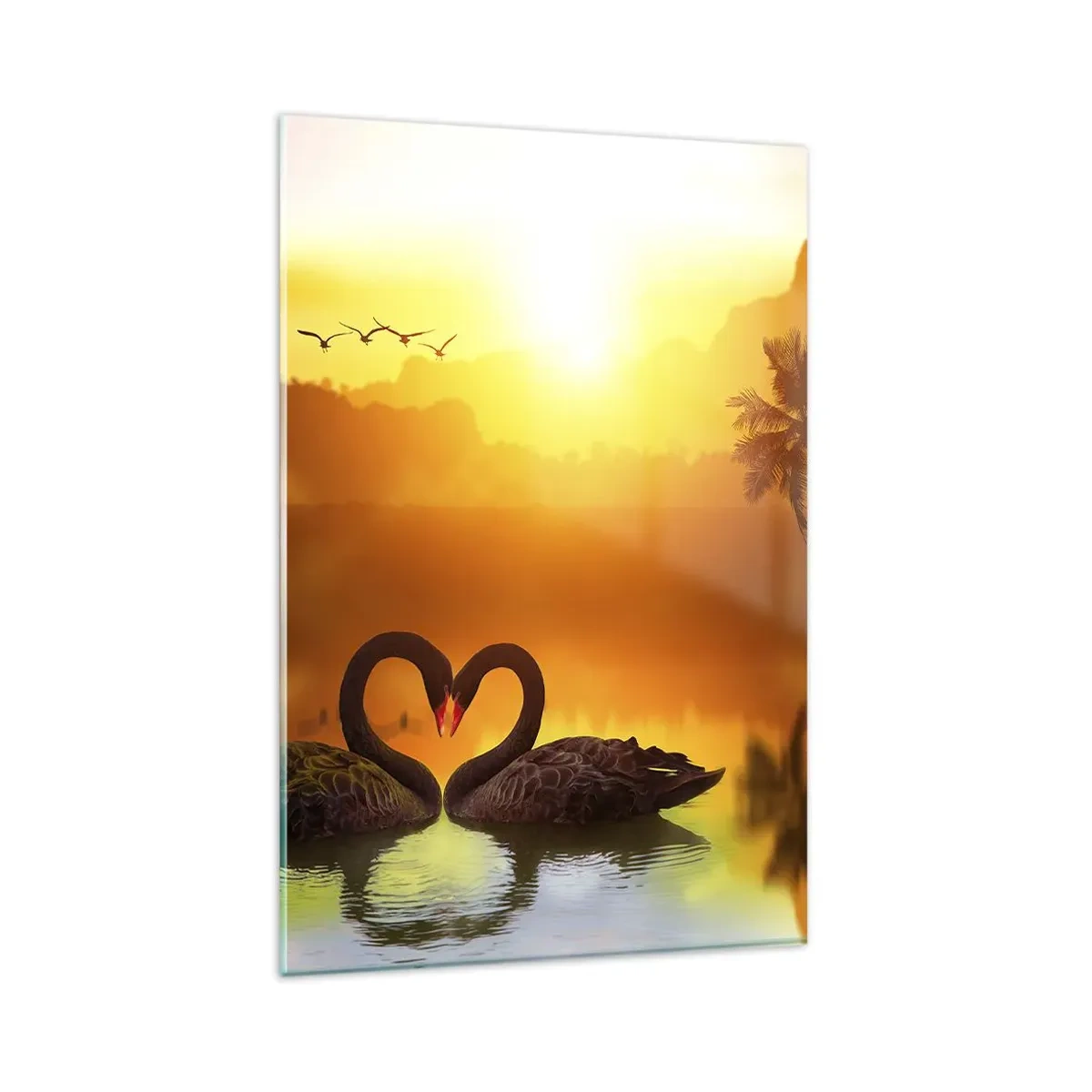 Quadro su vetro - Due cigni neri formano un cuore sullo sfondo di un tramonto sul lago - 80x120cm - Tutto in coppia - Decorazione murale moderna per soggiorno e camera da letto ARTTOR