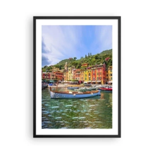 Poster in cornice nera - Scena del porto con edifici colorati e barche - 50x70cm - Mattino italiano - Decorazione murale moderna per soggiorno e camera da letto ARTTOR
