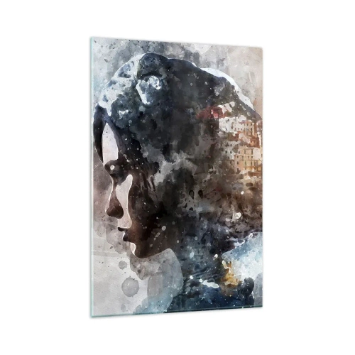 Quadro su vetro - Ritratto di una donna che combina il suo viso con un paesaggio urbano sullo sfondo - 80x120cm - Racconto su una ragazza con città sullo sfondo - Decorazione murale moderna per soggiorno e camera da letto ARTTOR