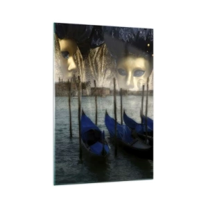 Quadro su vetro - Maschere di carnevale veneziane e gondole sullo sfondo della città e dell'acqua - 70x100cm - È ora di iniziare il carnevale - Decorazione murale moderna per soggiorno e camera da letto ARTTOR