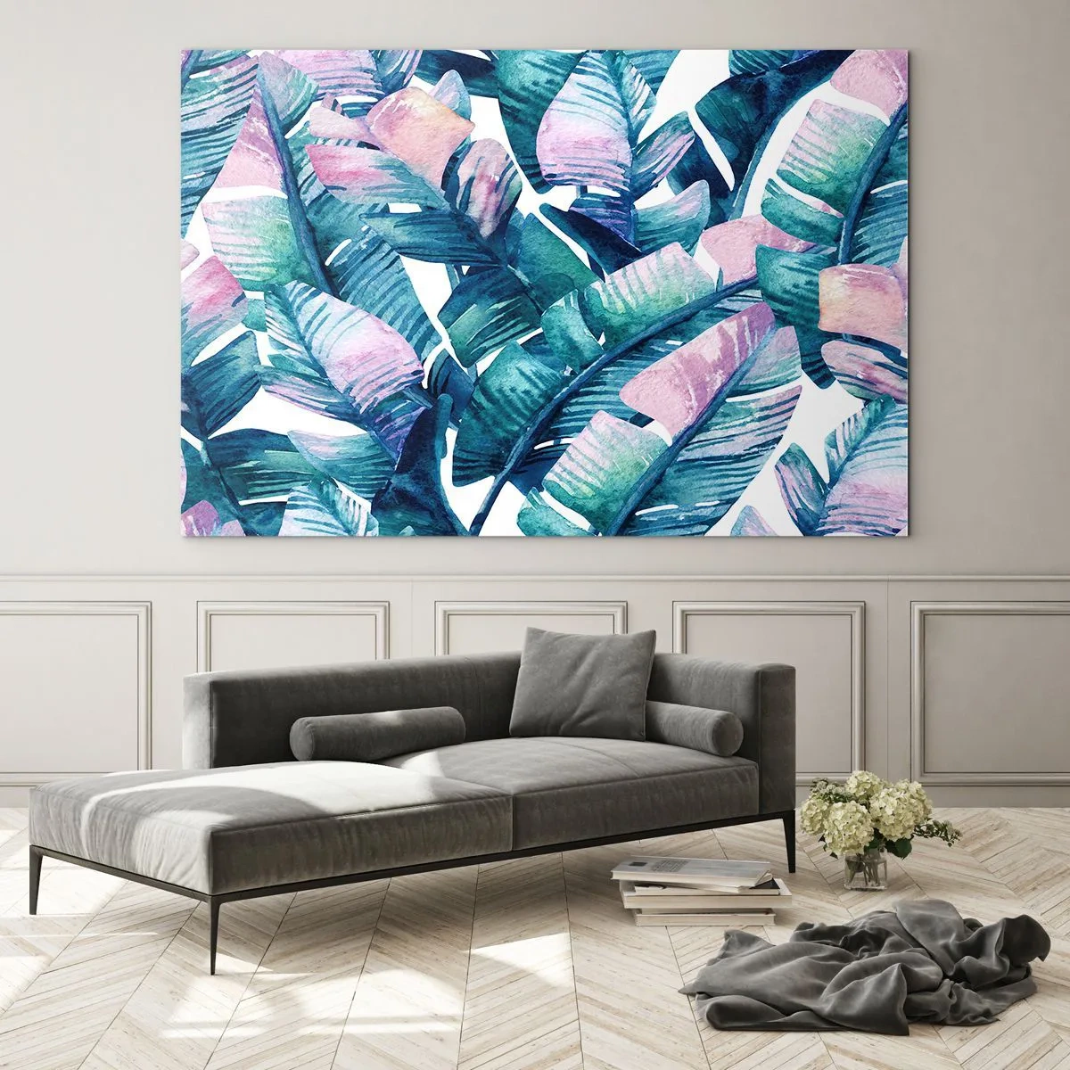 Quadro su vetro - Foglie di banano in tonalità pastello su sfondo bianco - 120x80cm - Nel bananeto - Decorazione murale moderna per soggiorno e camera da letto ARTTOR