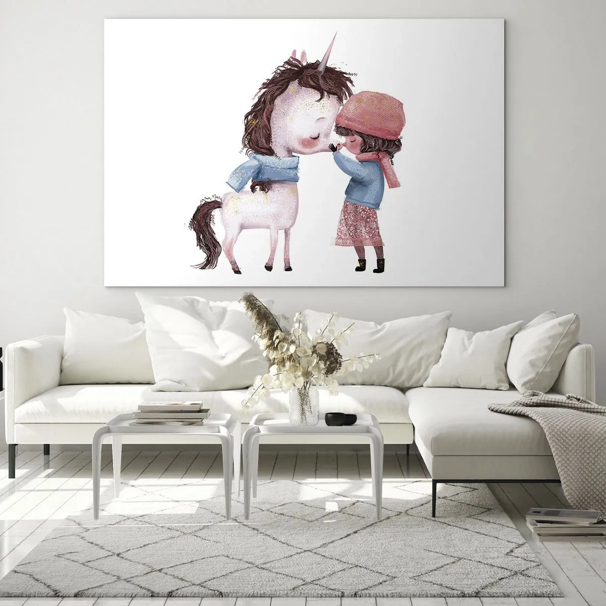 Quadro su vetro - Una ragazza e un unicorno in uno scenario invernale - 70x50cm - Racconto d'inverno - Decorazione murale moderna per soggiorno e camera da letto ARTTOR