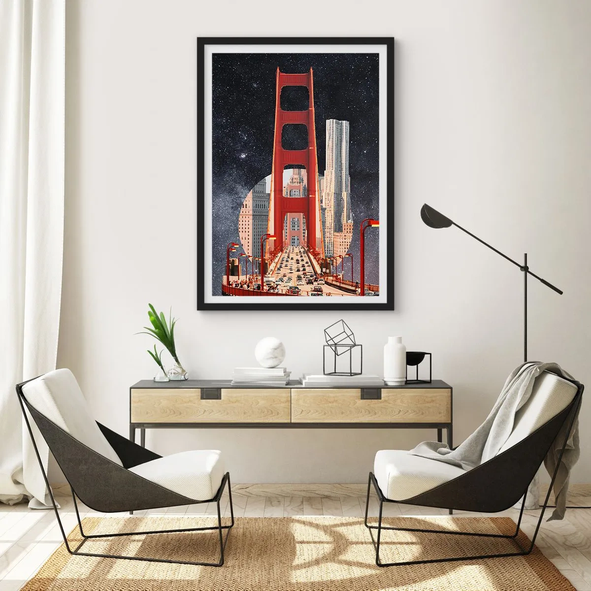 Poster in cornice nera - Un ponte e grattacieli contro il cielo stellato - 50x70cm - Sempre al centro - Decorazione murale moderna per soggiorno e camera da letto ARTTOR
