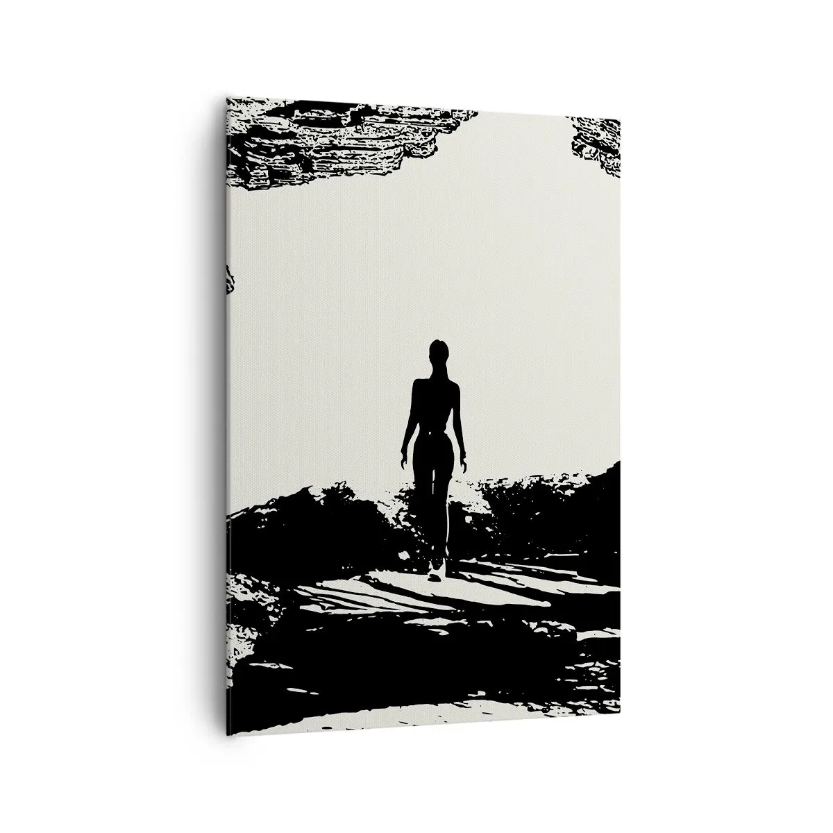 Quadro su tela - Stampe su Tela - Silhouette in bianco e nero di una donna in una grotta contro il cielo - 70x100cm - Un nuovo sguardo - Decorazione murale moderna per soggiorno e camera da letto ARTTOR