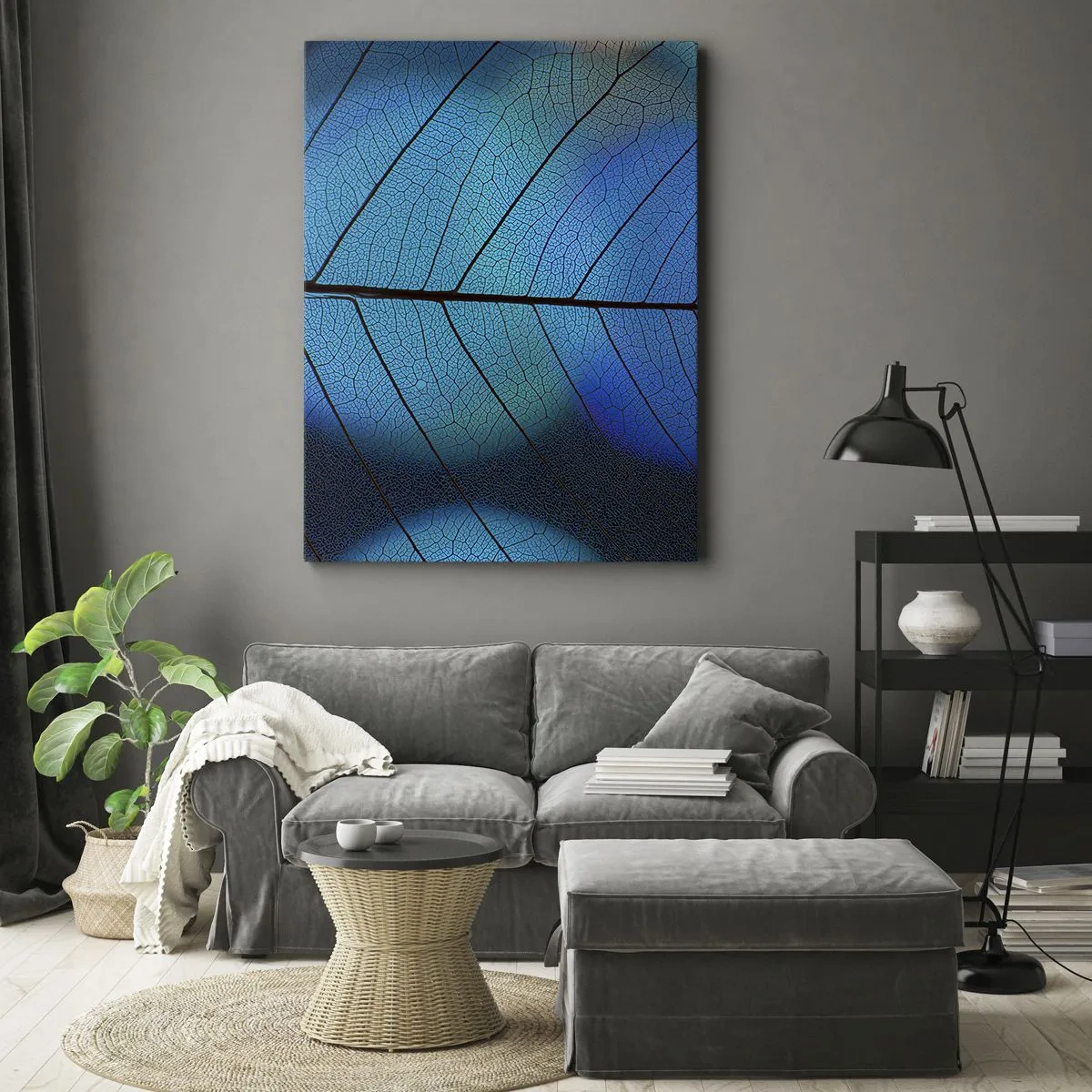 Quadro su tela - Stampe su Tela - Primo piano di una foglia blu con dettaglio delle venature visibile - 80x120cm - Struttura intricata - Decorazione murale moderna per soggiorno e camera da letto ARTTOR