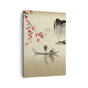 Quadro su tela - Stampe su Tela - Illustrazione orientale con una barca e un ramo fiorito - 50x70cm - Nel paese dei ciliegi in fiore - Decorazione murale moderna per soggiorno e camera da letto ARTTOR