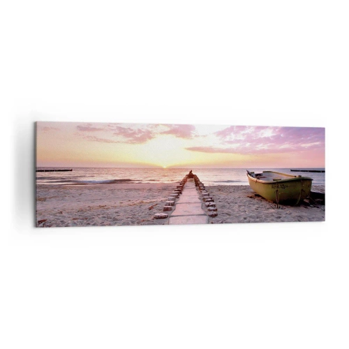 Quadro su tela - Stampe su Tela - Spiaggia all'alba con barca e molo - 160x50cm - Un momento profondo - Decorazione murale moderna per soggiorno e camera da letto ARTTOR