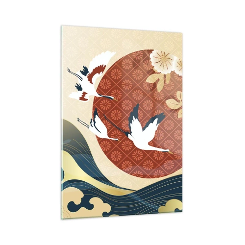 Quadro su vetro - Gru giapponesi sulle onde contro un cerchio rosso - 50x70cm - Favola giapponese - Decorazione murale moderna per soggiorno e camera da letto ARTTOR