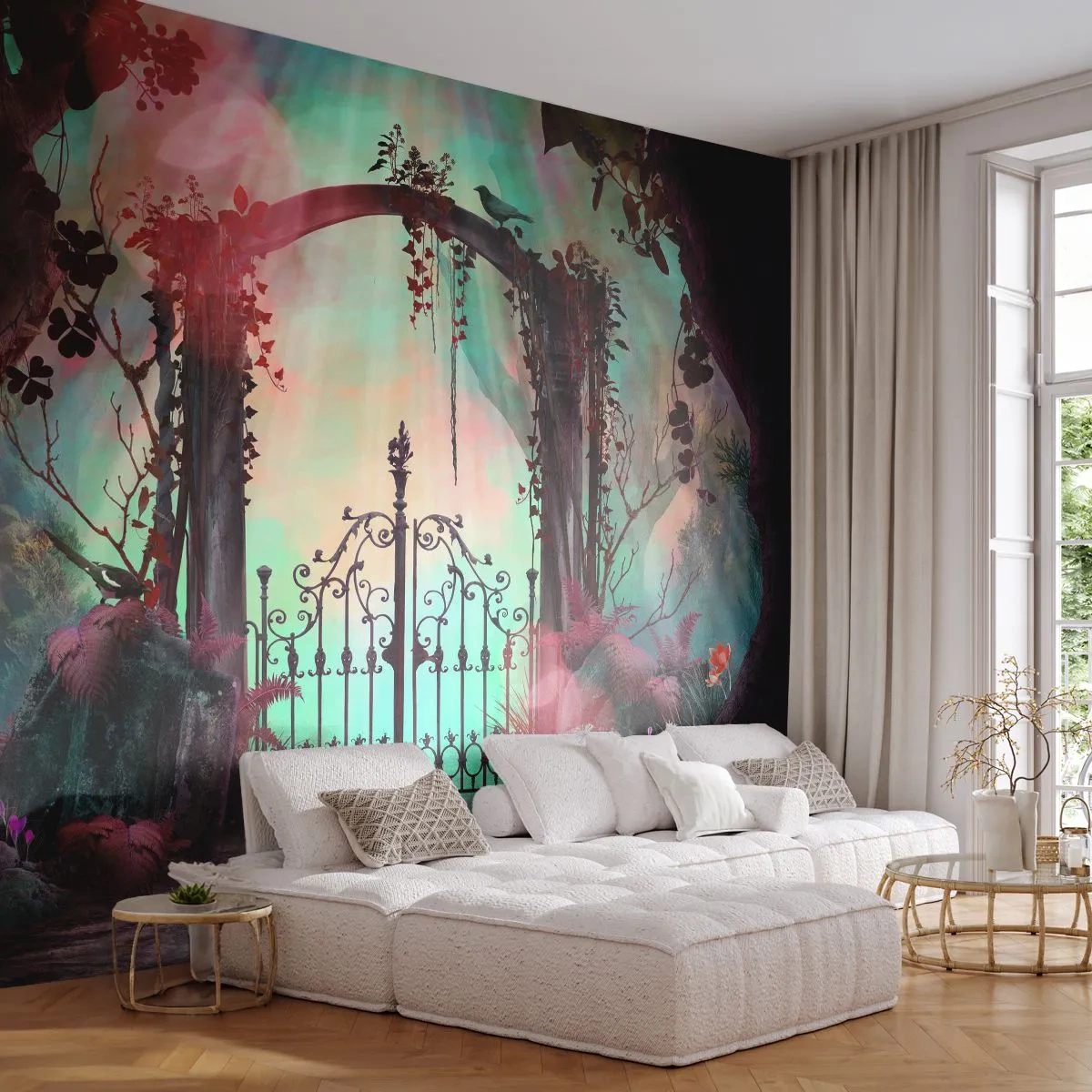 Fotomurali Premium Sand - Un cancello magico in una foresta da favola - 100x70cm - Il giardino dei misteri - Decorazione murale moderna per soggiorno e camera da letto ARTTOR