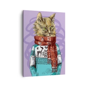 Quadro su tela - Stampe su Tela - Un gatto con un maglione e una sciarpa su uno sfondo viola - 50x70cm - Un gatto non solo con gli stivali - Decorazione murale moderna per soggiorno e camera da letto ARTTOR