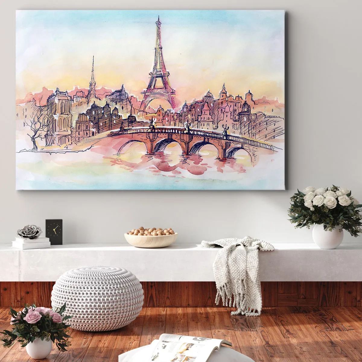 Quadro su tela - Stampe su Tela - Panorama acquerello di Parigi con la Torre Eiffel al tramonto - 120x80cm - L'unica città così al mondo - Decorazione murale moderna per soggiorno e camera da letto ARTTOR