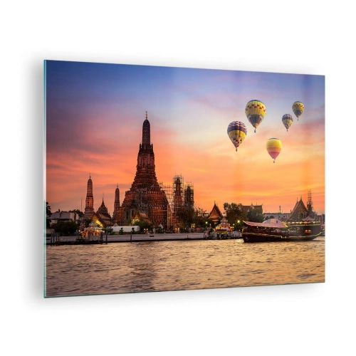 Quadro su vetro - Tempio sul fiume al tramonto con palloncini - 70x50cm - Qui nascono le favole - Decorazione murale moderna per soggiorno e camera da letto ARTTOR
