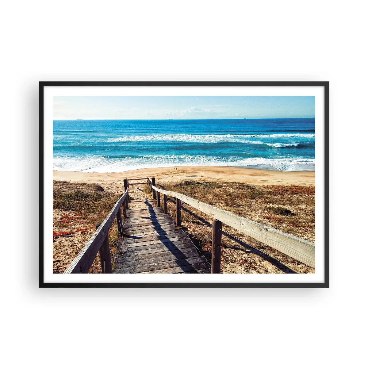 Poster in cornice nera - Sentiero in legno che conduce alla spiaggia - 100x70cm - Corri! - Decorazione murale moderna per soggiorno e camera da letto ARTTOR