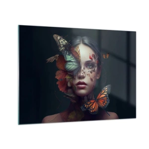 Quadro su vetro - Un volto di donna con farfalle e foglie in una composizione artistica - 70x50cm - Metamorfosi fantastica - Decorazione murale moderna per soggiorno e camera da letto ARTTOR