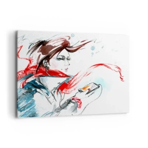 Quadro su tela - Stampe su Tela - Una donna con una sciarpa rossa con pennellate dinamiche ad acquerello - 120x80cm - Sentire la musica dentro - Decorazione murale moderna per soggiorno e camera da letto ARTTOR