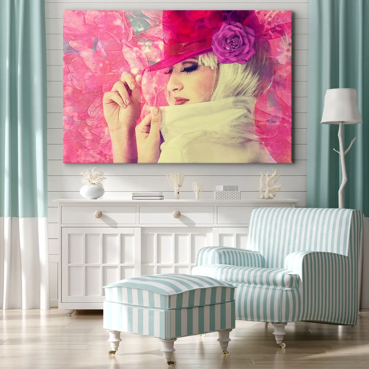 Quadro su tela - Stampe su Tela - Donna elegante con un cappello rosa con un fiore - 70x50cm - Ritratto retro nei vapori di rosa - Decorazione murale moderna per soggiorno e camera da letto ARTTOR