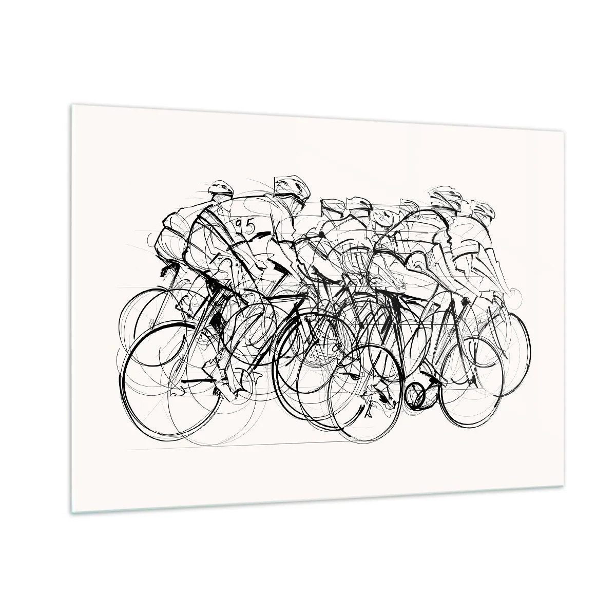 Quadro su vetro - Schizzo di un gruppo di ciclisti durante una gara su sfondo bianco - 100x70cm - Insieme - Decorazione murale moderna per soggiorno e camera da letto ARTTOR