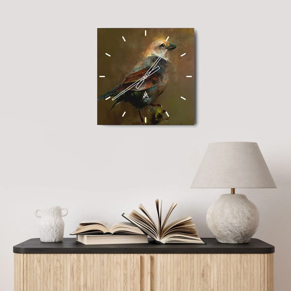 Orologio da parete - Orologio in Vetro - Un'interpretazione artistica di un passero su uno sfondo marrone - 30x30cm - Passerotto, piccolo uccellino - Decorazione murale moderna per soggiorno e camera da letto ARTTOR