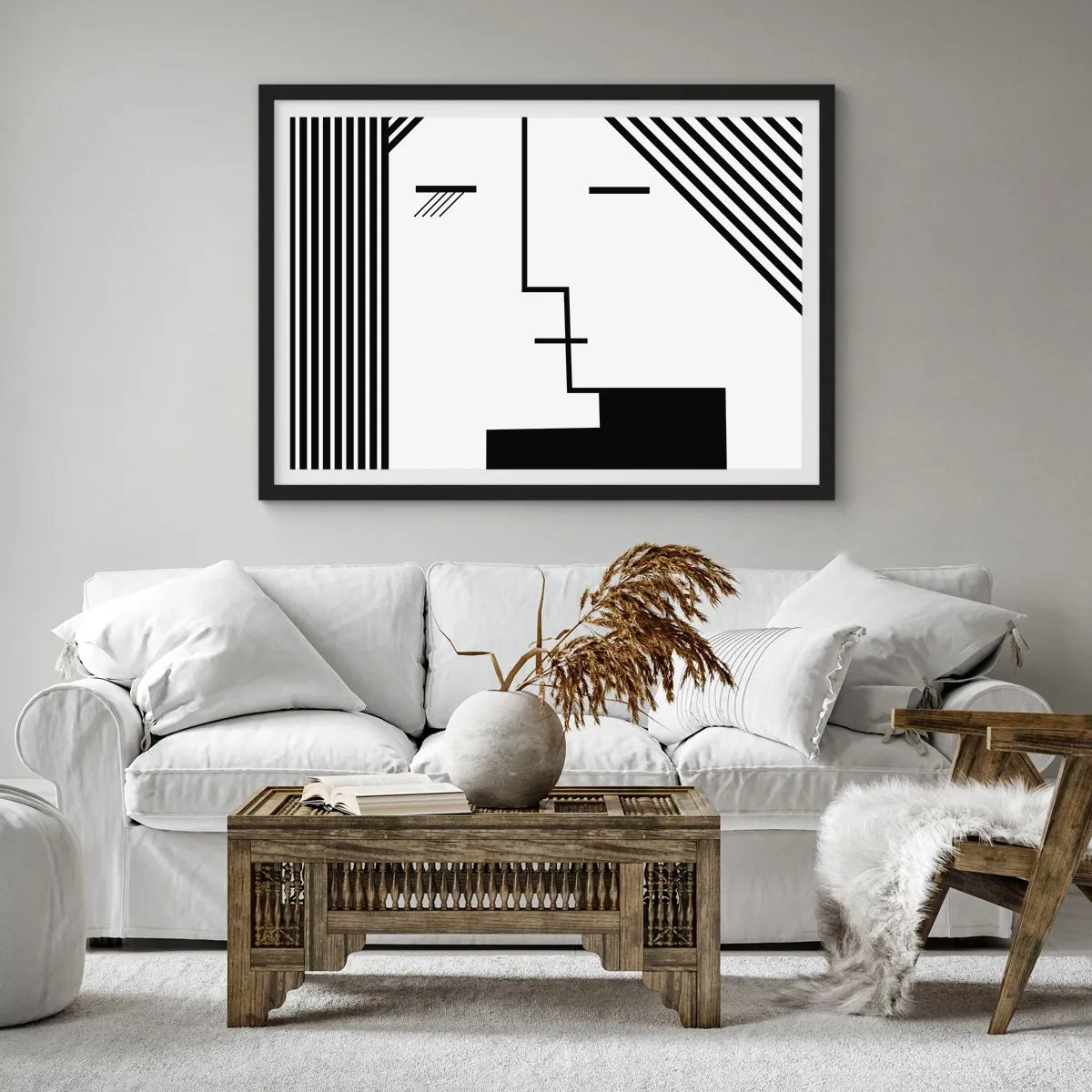 Poster in cornice nera - Astrazione geometrica di un bacio in bianco e nero - 70x50cm - Semplicemente un bacio - Decorazione murale moderna per soggiorno e camera da letto ARTTOR