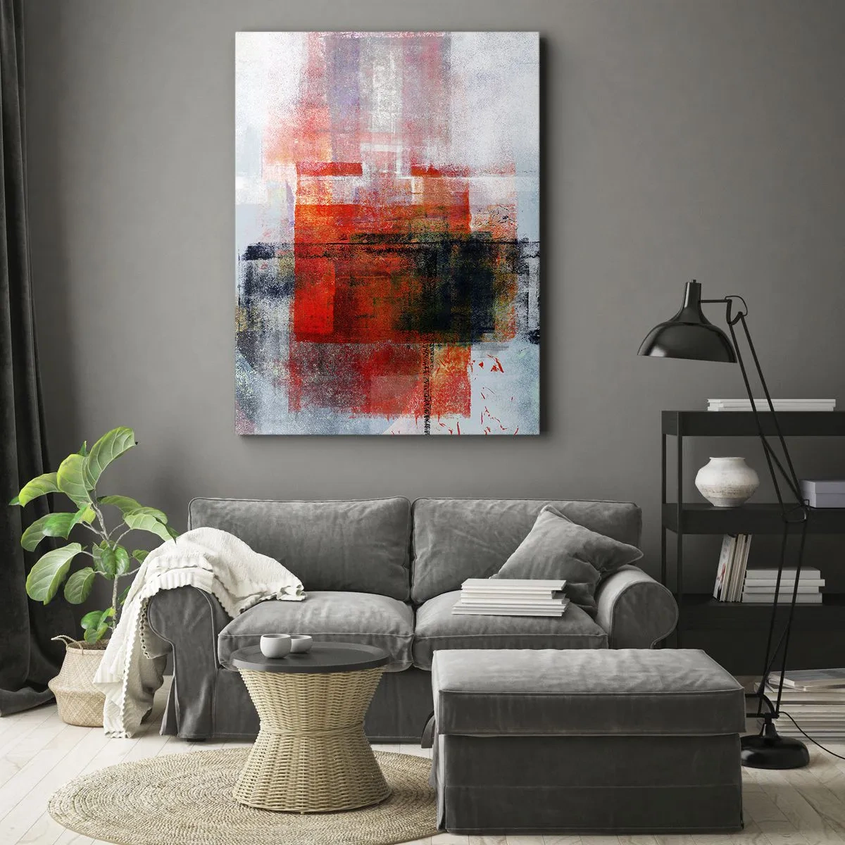 Quadro su tela - Stampe su Tela - Composizione geometrica astratta con accenti rossi e arancioni - 70x100cm - Composizione arroventata - Decorazione murale moderna per soggiorno e camera da letto ARTTOR