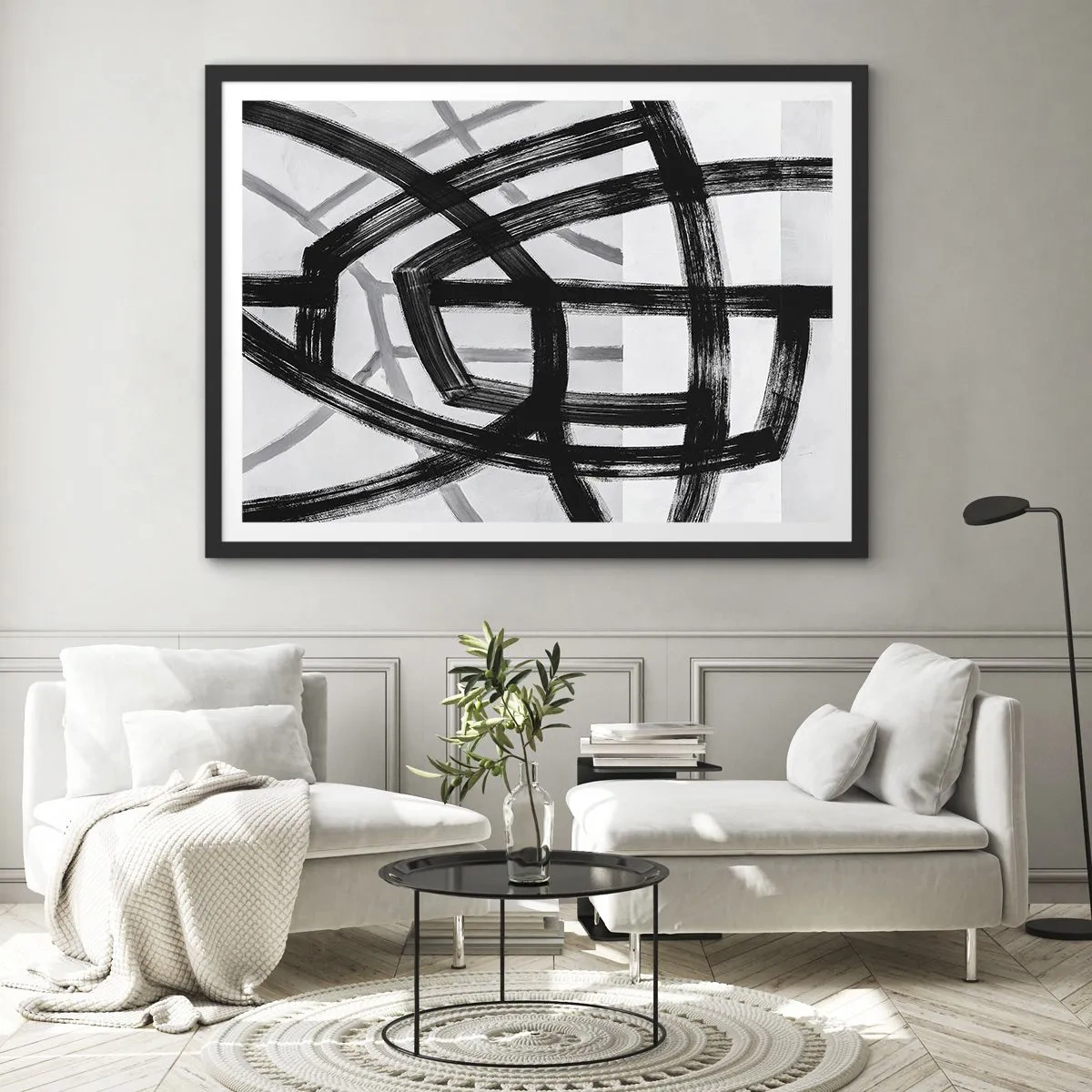 Poster in cornice nera - Linee astratte in bianco e nero che si intersecano su uno sfondo chiaro - 70x50cm - Costruendo la profondità - Decorazione murale moderna per soggiorno e camera da letto ARTTOR