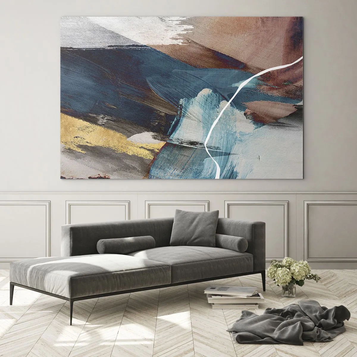 Quadro su vetro - Una composizione astratta in turchese, oro e marrone. - 100x70cm - Con forza ed energia - Decorazione murale moderna per soggiorno e camera da letto ARTTOR
