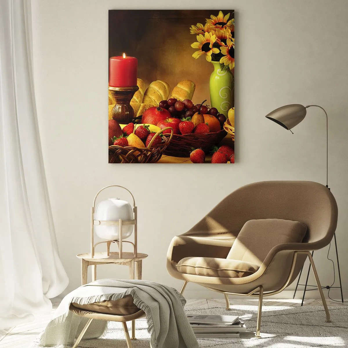Quadro su vetro - Natura morta con frutta, pane, candela e fiori - 80x120cm - Natura morta con pane e frutta - Decorazione murale moderna per soggiorno e camera da letto ARTTOR