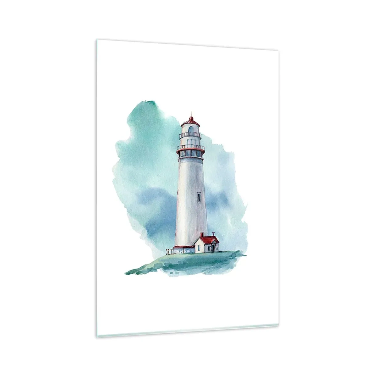Quadro su vetro - Un faro su uno sfondo blu acquerello - 80x120cm - Il mite amico del blu - Decorazione murale moderna per soggiorno e camera da letto ARTTOR