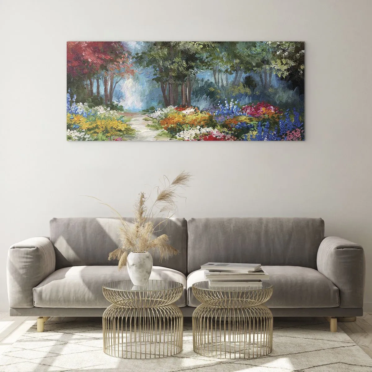 Quadro su vetro - Il giardino del bosco d'aprile - 100x40 cm