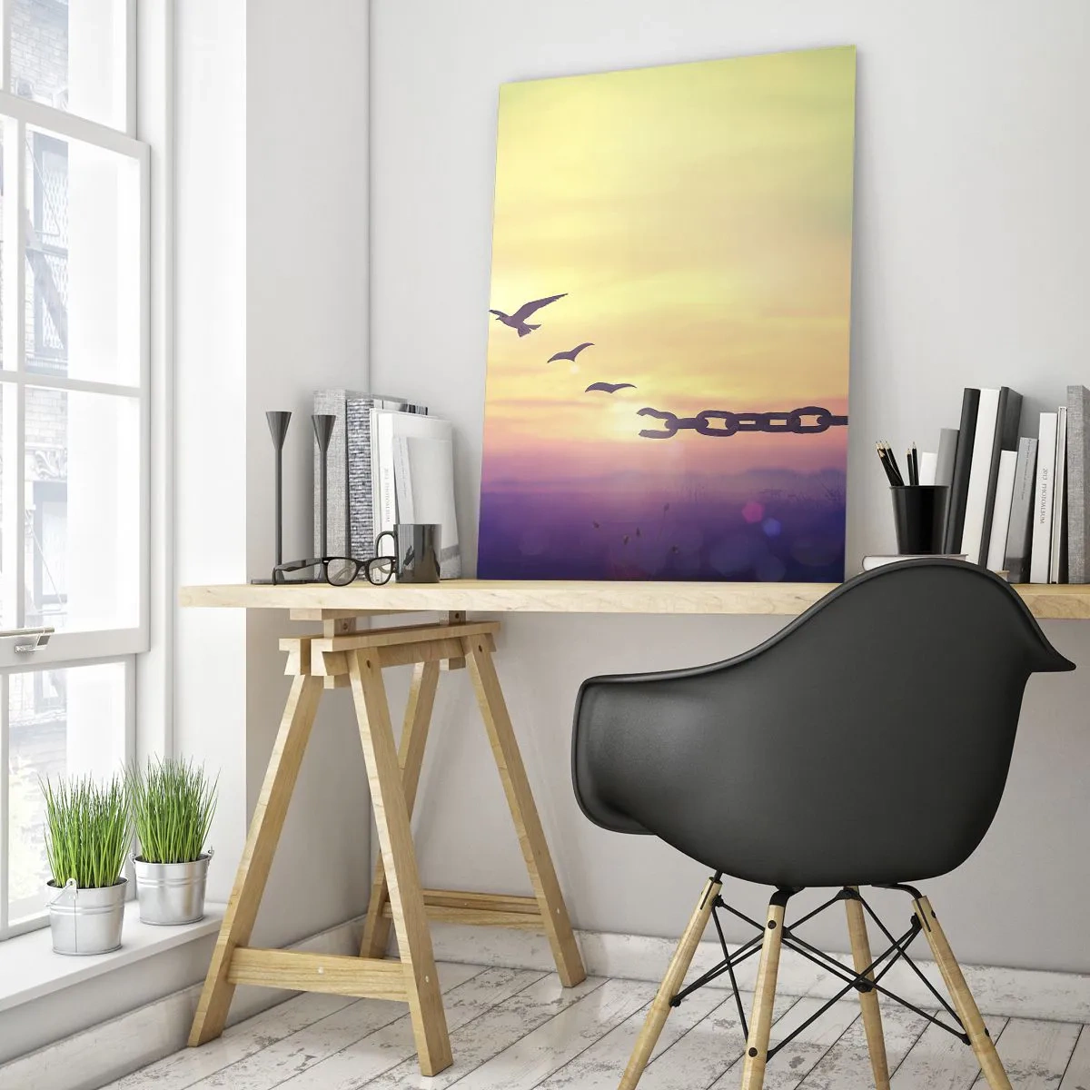 Quadro su vetro - Uccelli in volo sullo sfondo di una catena e di un tramonto - 50x70cm - La vittoria della libertà - Decorazione murale moderna per soggiorno e camera da letto ARTTOR