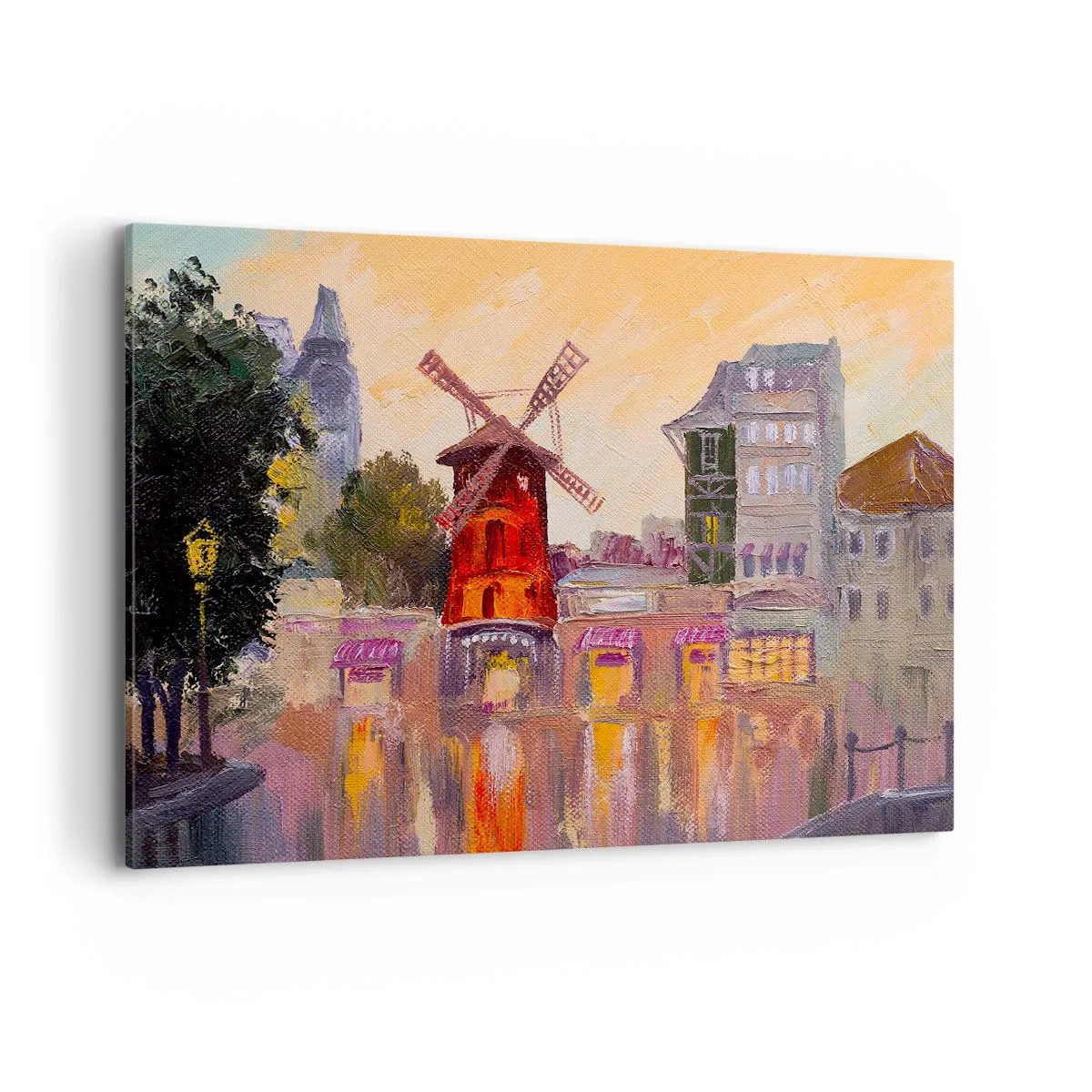 Quadro su tela - Stampe su Tela - Il mulino a vento rosso del Moulin Rouge circondato dal paesaggio urbano - 120x80cm - Le icone di Parigi: il Moulin Rouge - Decorazione murale moderna per soggiorno e camera da letto ARTTOR