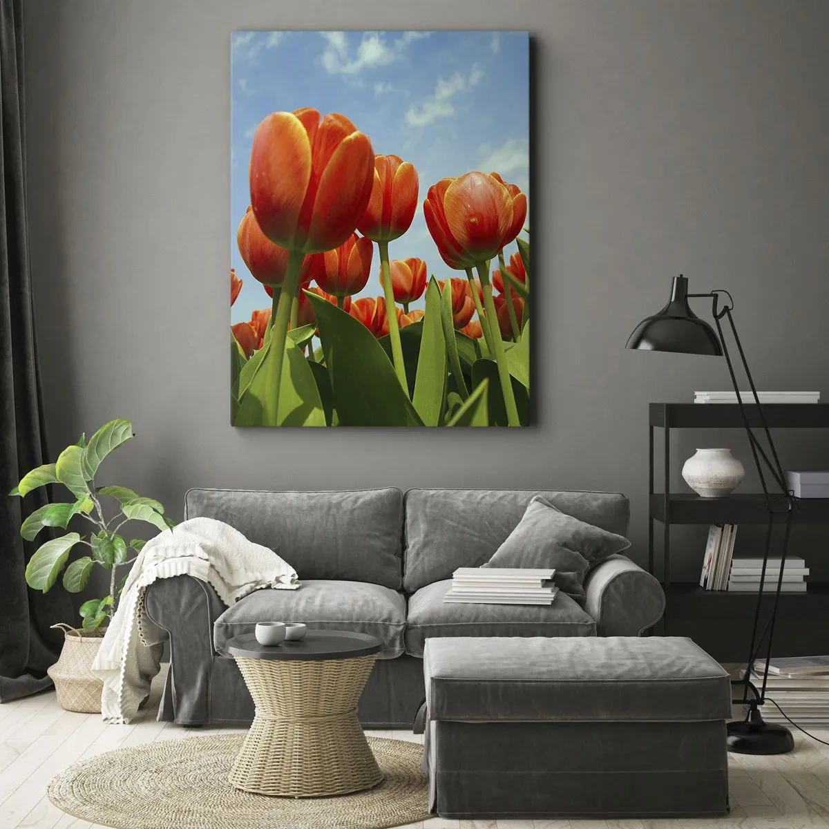 Quadro su tela - Stampe su Tela - Un campo di tulipani rossi e arancioni contro un cielo blu - 50x70cm - A loro non serve nulla oltre al cielo azzurro - Decorazione murale moderna per soggiorno e camera da letto ARTTOR