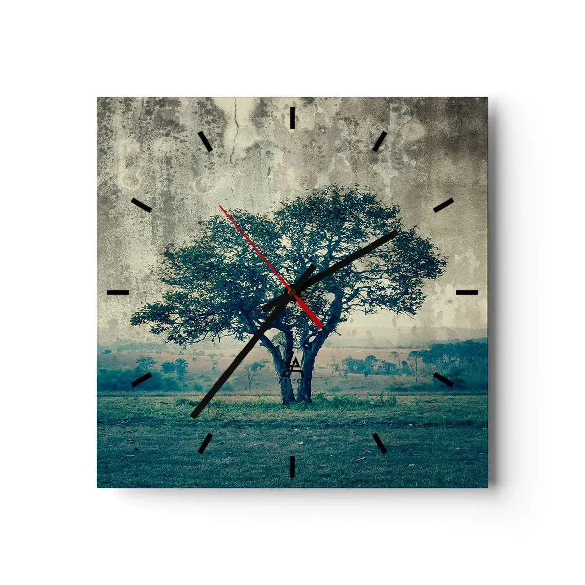 Orologio da parete - Orologio in Vetro - Un albero solitario contro un paesaggio nebbioso - 30x30cm - Un melo su un prato blu? - Decorazione murale moderna per soggiorno e camera da letto ARTTOR