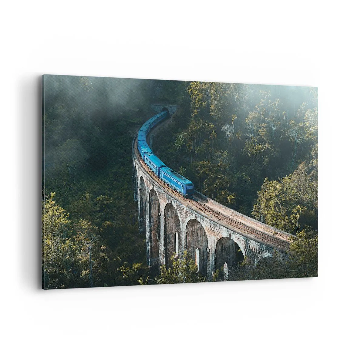 Quadro su tela - Stampe su Tela - Un treno blu su un viadotto storico tra le foreste - 120x80cm - Attrazione della natura - Decorazione murale moderna per soggiorno e camera da letto ARTTOR