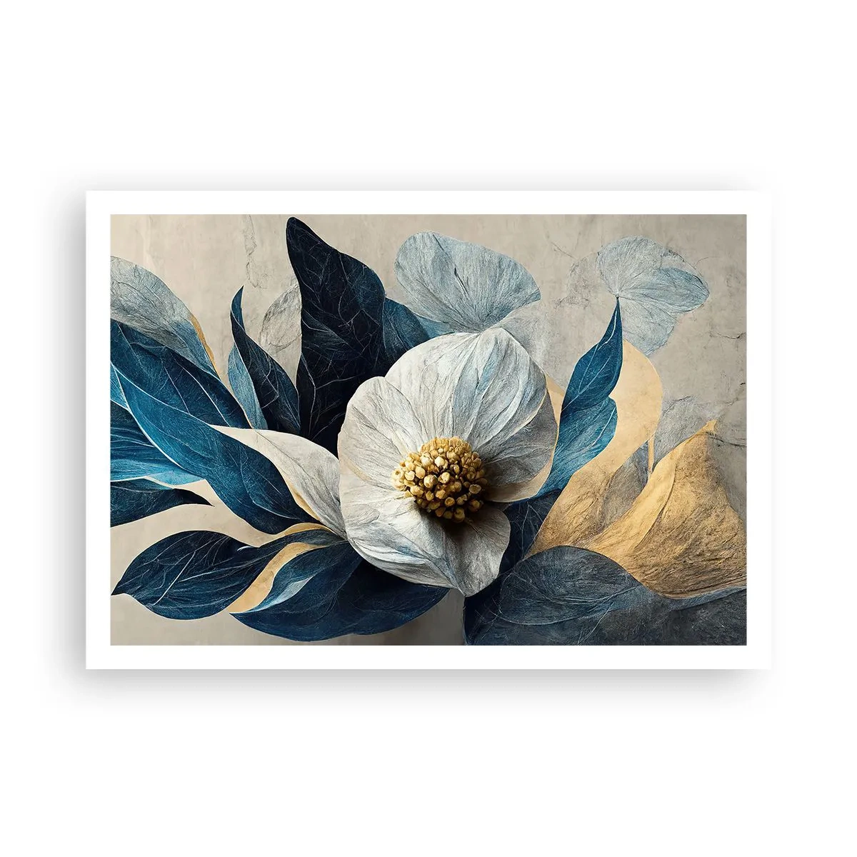 Poster - Un fiore con foglie blu su uno sfondo elegante - 100x70cm - Ha un cuore d'oro - Decorazione murale moderna per soggiorno e camera da letto ARTTOR