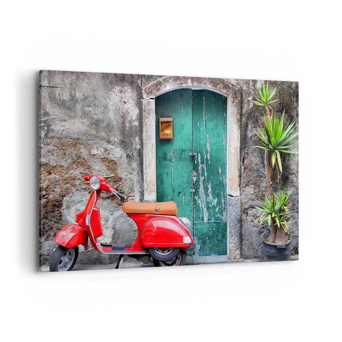 Quadro su tela - Stampe su Tela - Scooter rosso vicino alla porta verde - 120x80cm - Vacanze italiane - Decorazione murale moderna per soggiorno e camera da letto ARTTOR