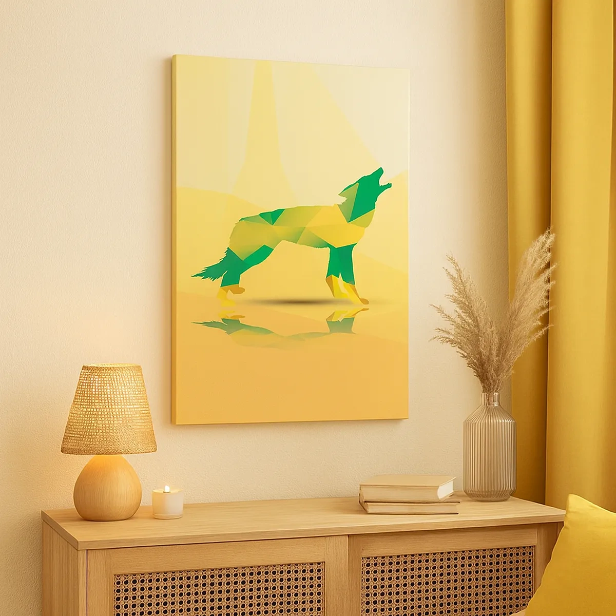 Quadro su tela - Stampe su Tela - Silhouette geometrica di lupo in tonalità verde e giallo - 50x70cm - Il lupo solitario - Decorazione murale moderna per soggiorno e camera da letto ARTTOR