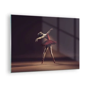 Quadro su vetro - Una ballerina in un abito rosso in una posa dinamica - 70x50cm - Prima ballerina - Decorazione murale moderna per soggiorno e camera da letto ARTTOR
