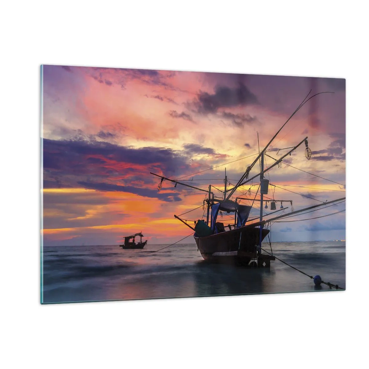 Quadro su vetro - Barche da pesca in mare al tramonto - 120x80cm - Sera esotica - Decorazione murale moderna per soggiorno e camera da letto ARTTOR