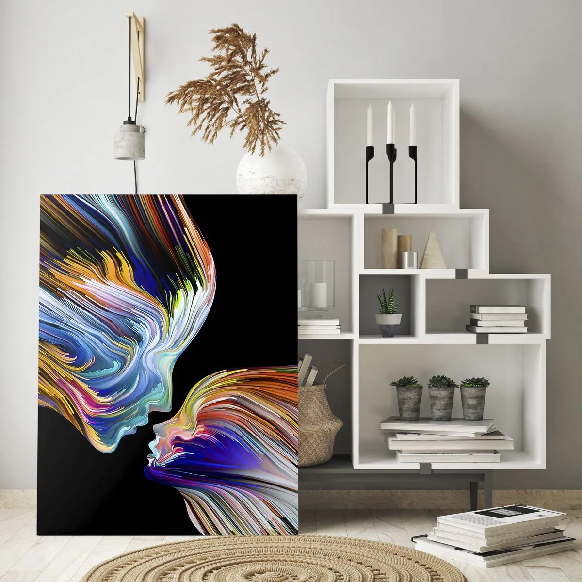 Quadro su vetro - Un'immagine astratta di due volti con una fusione di energia e luce. - 50x70cm - Fusione di energia e luce - Decorazione murale moderna per soggiorno e camera da letto ARTTOR