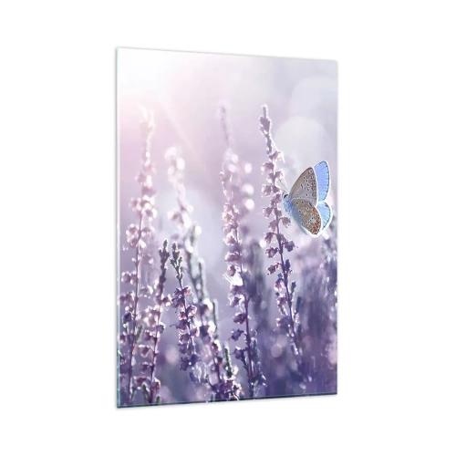 Quadro su vetro - Una farfalla sulla lavanda in fiore nella luce del mattino - 80x120cm - Il bacio della farfalla - Decorazione murale moderna per soggiorno e camera da letto ARTTOR