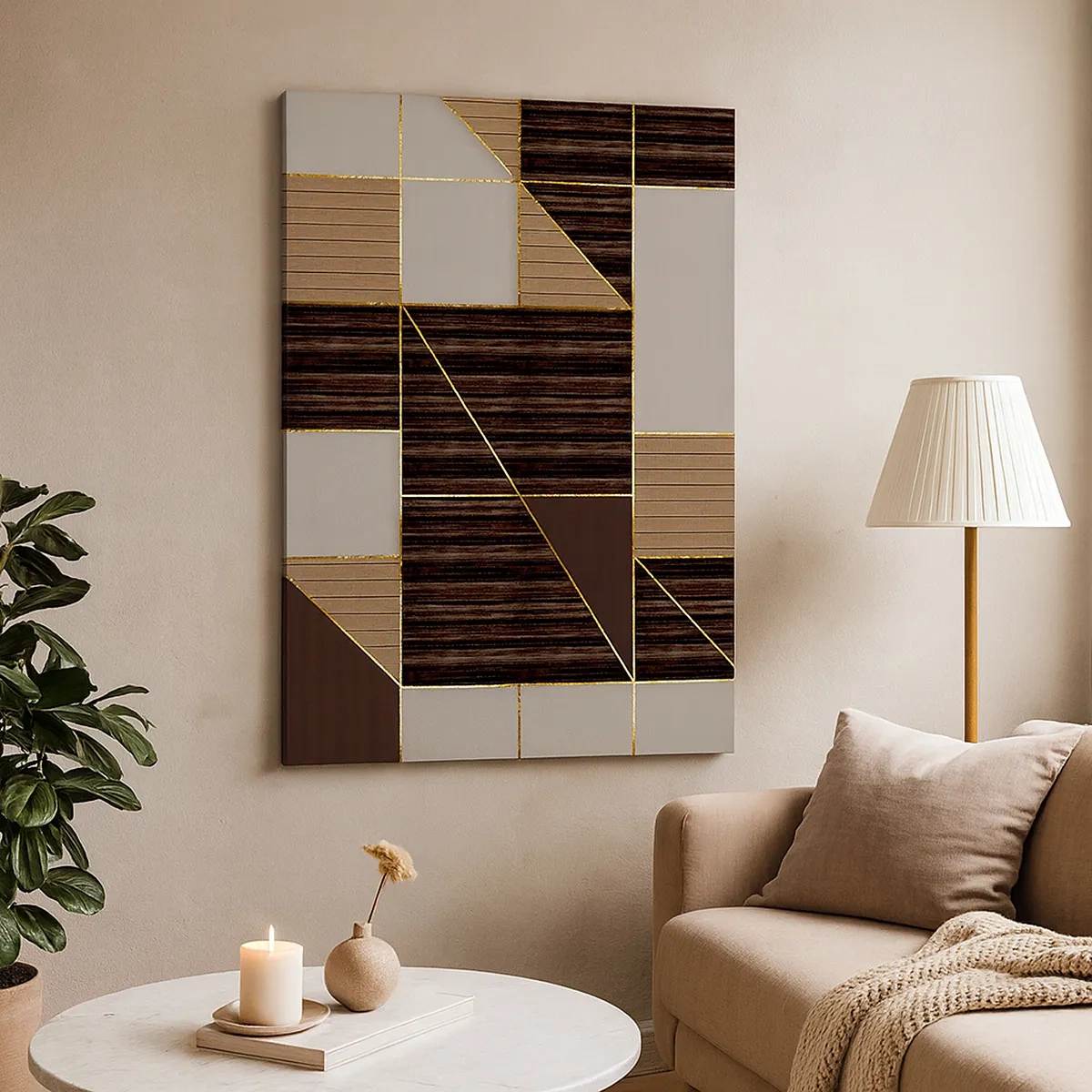 Quadro su tela - Stampe su Tela - Motivi geometrici nei toni del marrone con linee dorate - 50x70cm - Mosaico di marrone e oro - Decorazione murale moderna per soggiorno e camera da letto ARTTOR