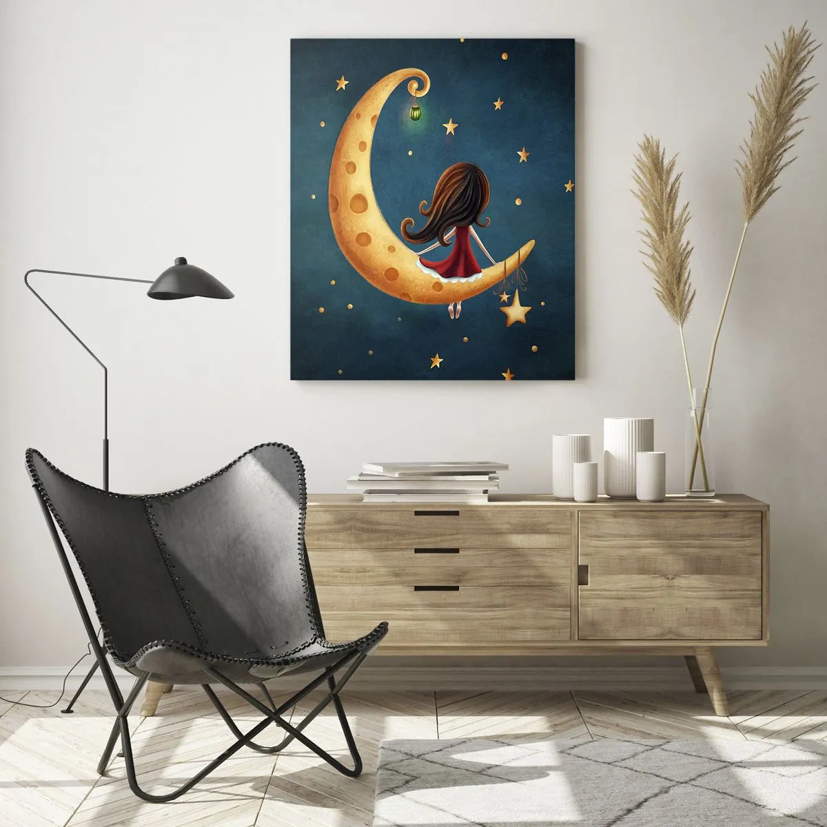Quadro su vetro - Una ragazza sulla luna circondata dalle stelle - 80x120cm - Una volta... - Decorazione murale moderna per soggiorno e camera da letto ARTTOR